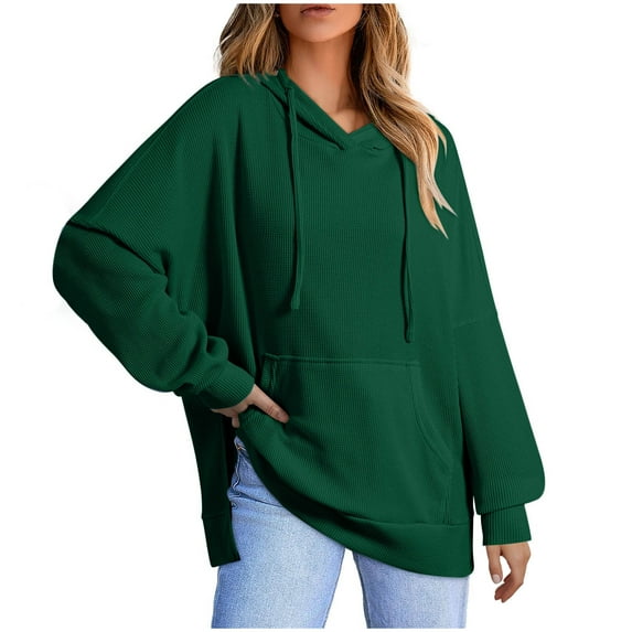 Cotton Hoodies Womens Trendy Waffle Textured Sweatshirts Oversized Solid Pullover Hooded Tops Front Pocket (S, Green)