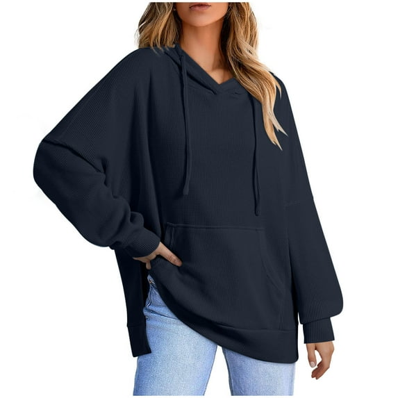 Cotton Hoodies Womens Trendy Waffle Textured Sweatshirts Oversized Solid Pullover Hooded Tops Front Pocket (S, Navy)