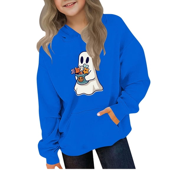 Cotton Hoodies for Boys Girls Pumpkin Halloween Outfit Loose Long Sleeve Hooded Graphic Sweatshirt Pullover Tops (7 Years, Blue 03)