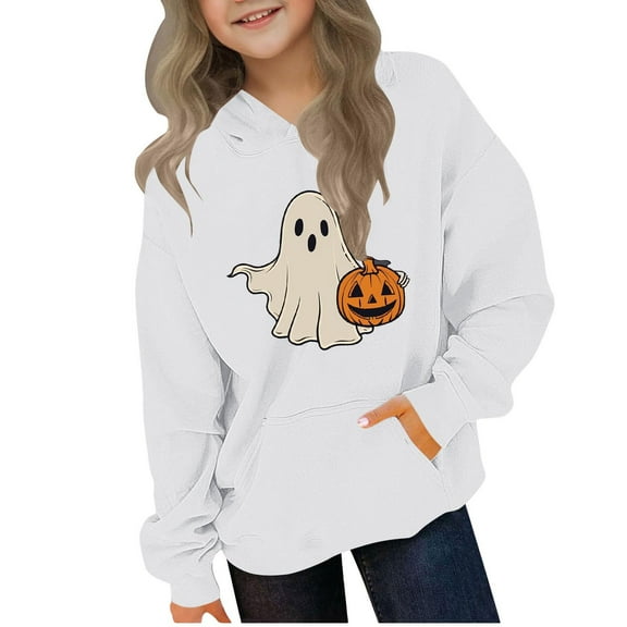 Cotton Hoodies for Boys Girls Pumpkin Halloween Outfit Loose Long Sleeve Hooded Graphic Sweatshirt Pullover Tops (7 Years, White 02)