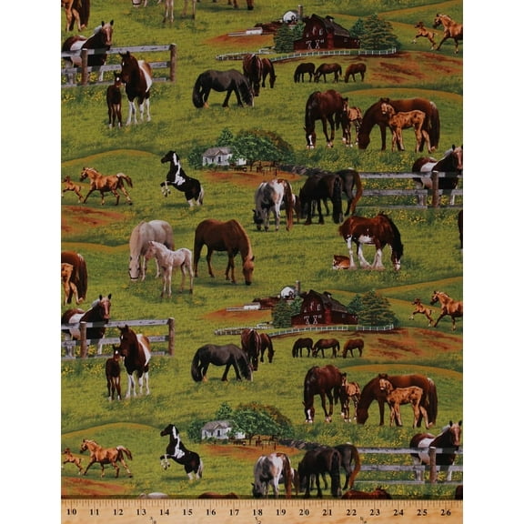 Cotton Horses Foals Scenic Field Pasture Country Farmhouses Barns Farm Animals Green Cotton Fabric Print by the Yard (339-GREEN)