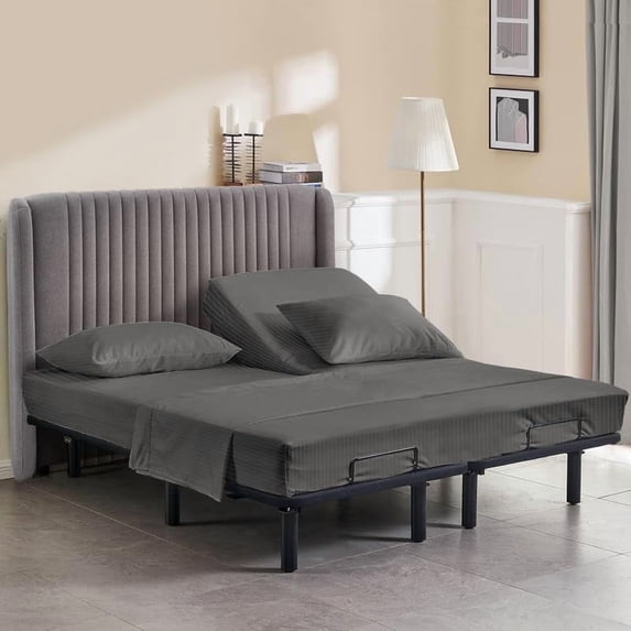 The Cotton Hub King Size Top 30" Split Flex Head 4-Piece Sheet Set for Adjustable Beds, 600 Series Pima Cotton Fits 7-9" Deep Pocket (Dark Gray, Stripe)
