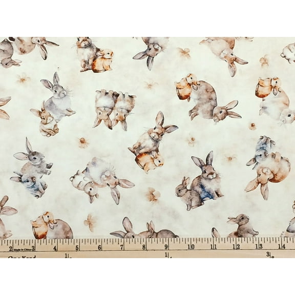 Cotton Hunny Bunny Rabbits Bunnies Cute Baby Animals Flowers Spring Quilting Treasures Cream Cotton Fabric Print by the Yard (2600-30979-E)