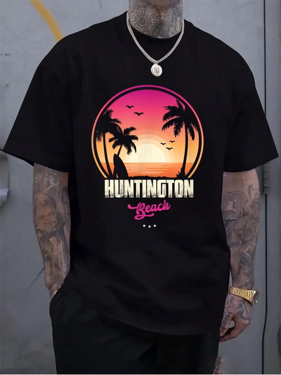 Cotton Huntington Souvenir - Beach Reminder T-Shirt Men's Graphic Tee,Casual Short Sleeve Shirt