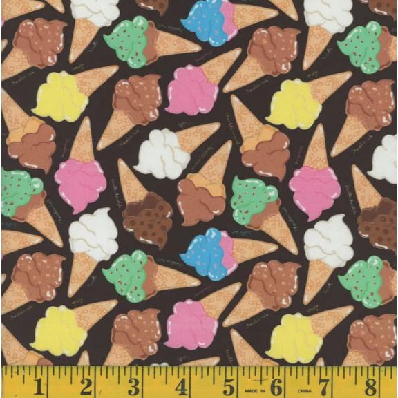 Cotton Ice Cream Flavors Cones Colors Food Dessert on Black Cotton Fabric Print by the Yard (136631)