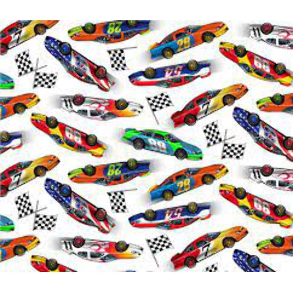Cotton In Motion Races Raceway Track Cars Speedway Flags Motor Vehicles Transportation White Cotton Fabric Print by the Yard (673-WHITE)