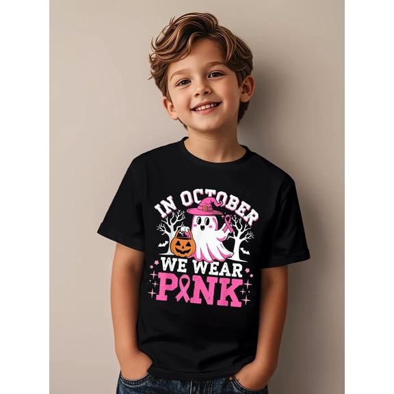 Cotton In October We Wear Pink Witch Ghost Halloween Breast Cancer Kids T-Shirt Fun Print T‑Shirt