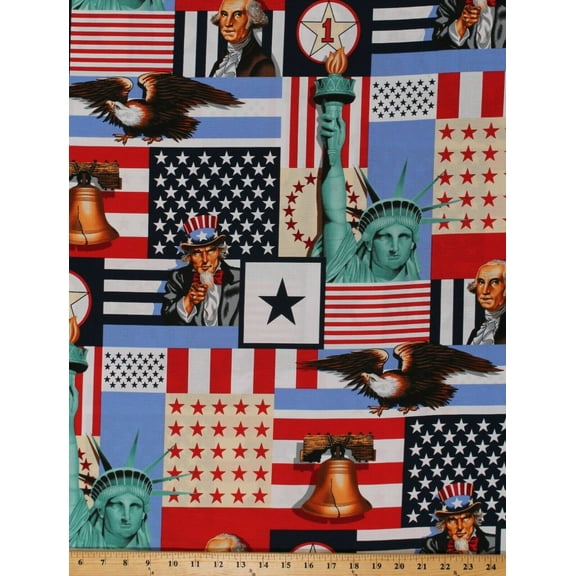 Cotton Independence Day USA Patriotic Motif American Flags Bald Eagles Liberty Bell Statue of Liberty Uncle Sam George Washington Stars & Stripes Cotton Fabric Print by the Yard (1561)