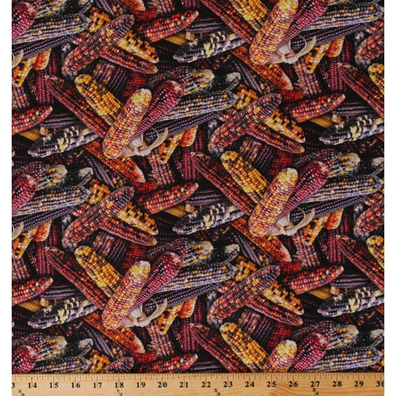 Cotton Indian Corn on the Cob Vegetables Thanksgiving Fall Harvest Kitchen Food Festival Cotton Fabric Print by the Yard (595MULTI)