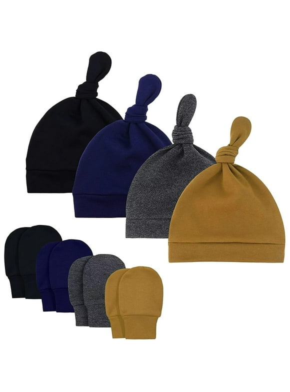 Cotton Infant Beanie Mitten Sets Knot Newborn Girl Cap Soft Baby Boys Girls Beanies Toddler boy winter Hats and Gloves 4 Sets for 0-6 Months