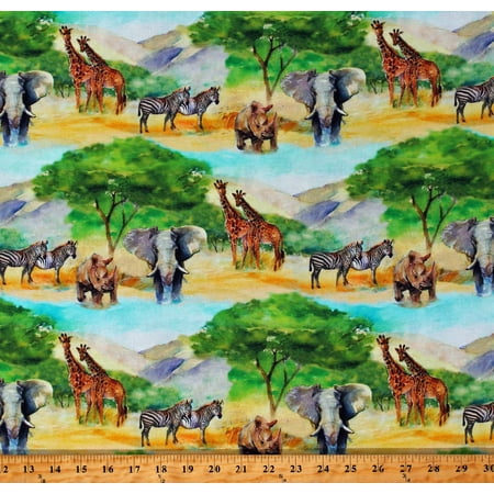 Cotton Into the Wild Animal Trek African Safaris Trees Mountains Animals Zebras Elephants Rhinos Giraffes Landscape Nature Green Cotton Fabric Print by the Yard (20182-MLT-CTN-D)