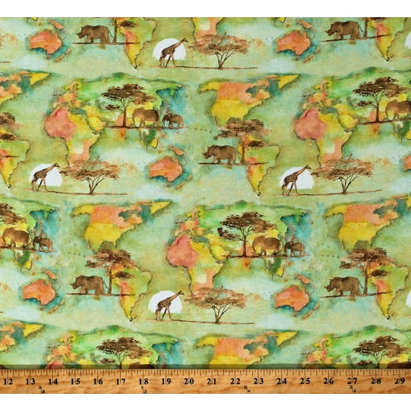 Cotton Into the Wild World Map Continents Landscapes Animals Giraffes Elephants Rinos Safari Green Cotton Fabric Print by the Yard (20178-GRN-CTN-D)