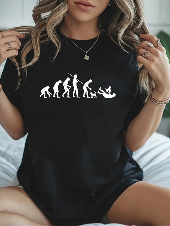 Cotton Irreverent Tees Evolution of Man with Cats Unisex-Adult Black Cartoon Casual Graphic Daily T-Shirt