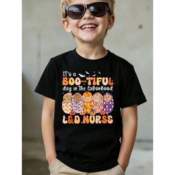 Cotton It's BOO-TIFUL Day in The Laborhood L&D Nurse Halloween Kids T-Shirt Fun Print T‑Shirt
