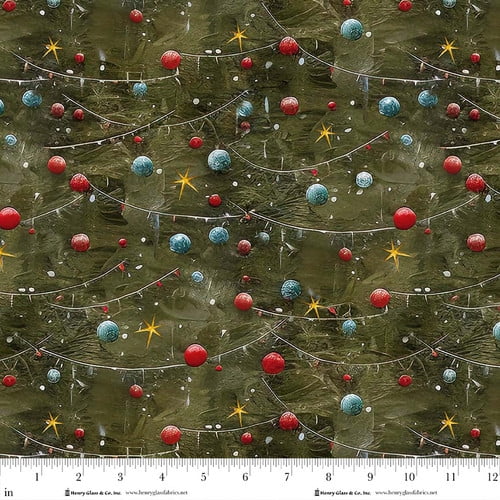 Cotton It's the Holidays Christmas Ornaments Garland Stars Pine Tree Decorations Henry Glass Cotton Fabric Print by the Yard