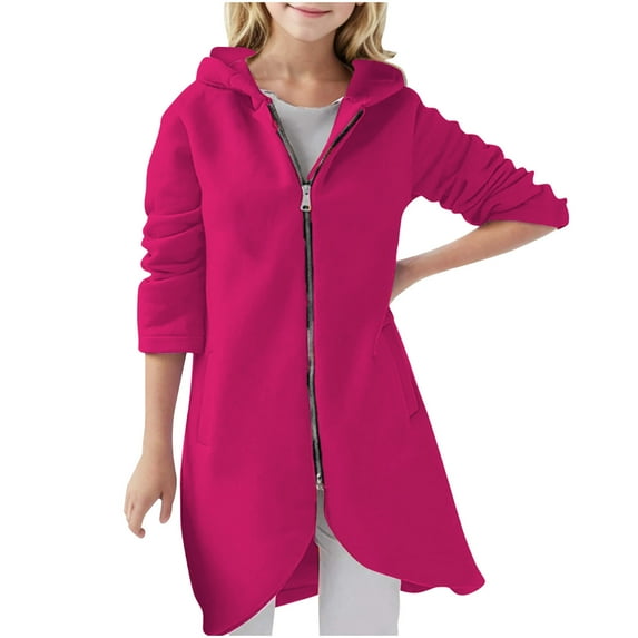 Cotton Jackets for Girls Front Zip up Hoodie Sweatshirts Coat Mid Length Long Sleeve Outwear Tween 3-14 Years (9 Years, Hot Pink)