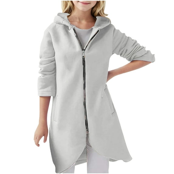 Cotton Jackets for Girls Front Zip up Hoodie Sweatshirts Coat Mid Length Long Sleeve Outwear Tween 3-14 Years (9 Years, White)