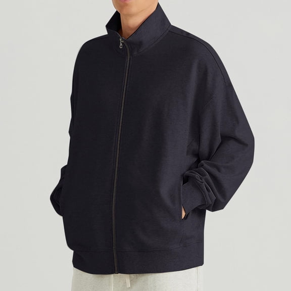 Cotton Jackets for Men Long Sleeve Zip Up Stand Collared Coats Mens Casual Solid Lightweight Comfort Going Out Work Outerwear Jacket with Pockets