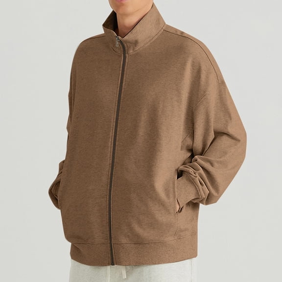 Cotton Jackets for Men Long Sleeve Zip Up Stand Collared Coats Mens Casual Solid Lightweight Comfort Going Out Work Outerwear Jacket with Pockets