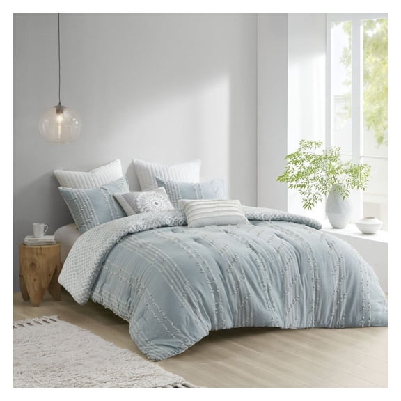 Cotton Jacquard Comforter Set - 3 Piece Aqua Stripe Design - Full/Queen