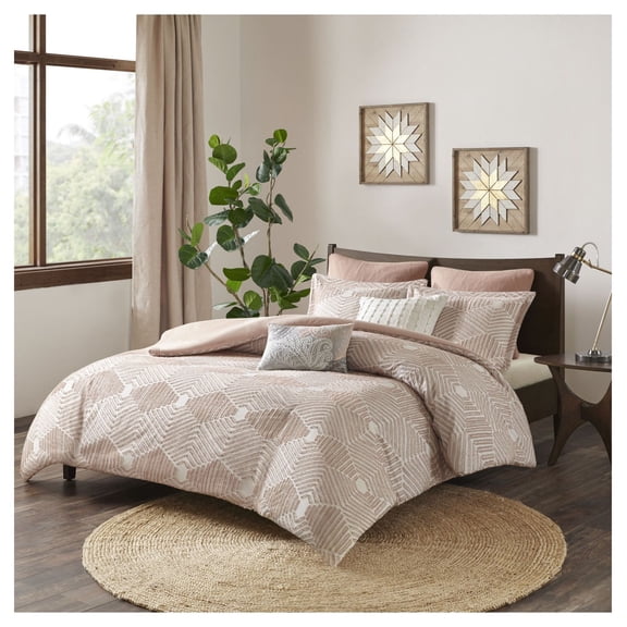Cotton Jacquard Comforter Set, Geometric Clip Design, 2 Shams Included, Oeko-Tex Certified, Full/Queen Size