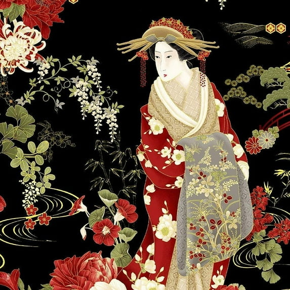 Cotton Japanese Geishas Woman Ladies Asian Imperial Flowers Kyoto Garden Black Cotton Fabric Print by the Yard (KYOTO-CM1665)