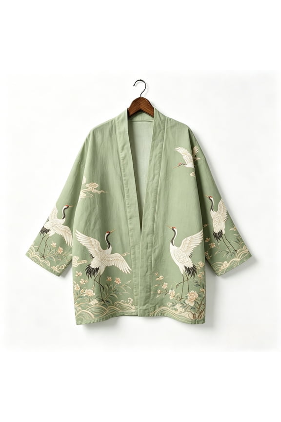Cotton Japanese Kimono Robe for Women Men Clouds Crane Print Yukata Coat Loose Fit Open Front Cardigan Boho Cover Up Home Beach