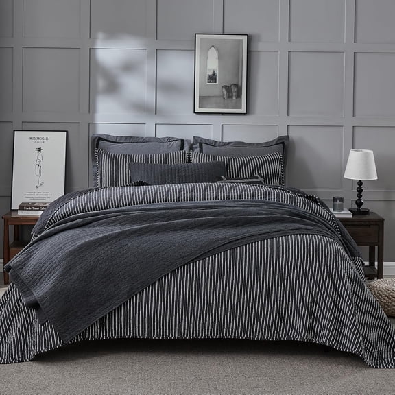Cotton Jersey Knit Quilt - Rice Stitch Grey Stripe Queen Quilt with Two Pillow Shams - Soft & Breathable, All-Season Use, Hypoallergenic, Prewashed