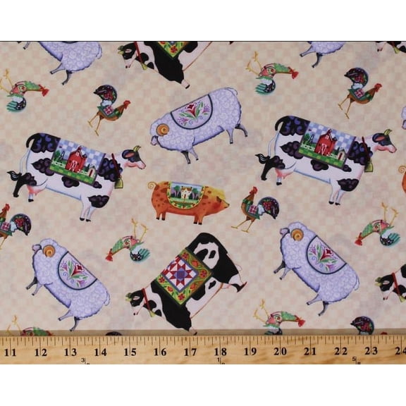 Cotton Jim Shore Village Farm Animals Cows Sheep Roosters Folk Art Cream Checkered Cotton Fabric Print by the Yard (61514-3890715)