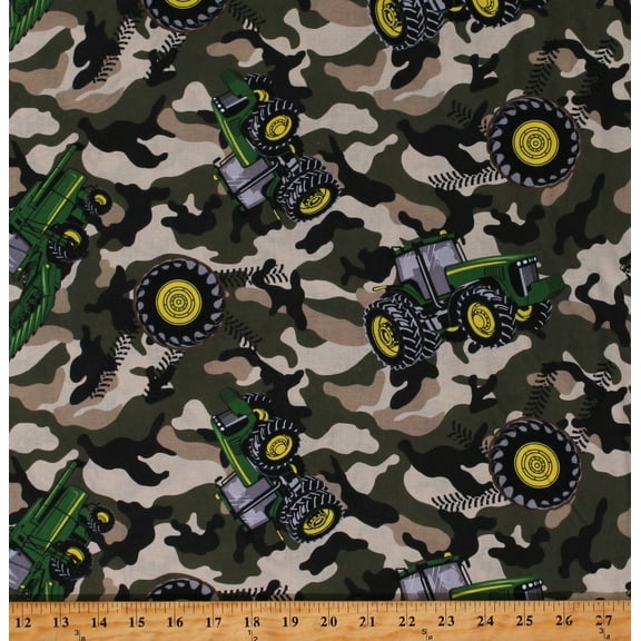 Cotton John Deere Camouflage Tractor Toss Tractors Farmers Farming Agriculture Green Cotton Fabric Print by the Yard (550317319)