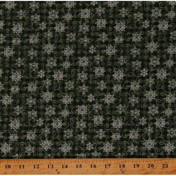 Cotton Joy of the Season Patterned Plaid Snowflakes Winter Christmas Dark Green Cotton Fabric Print by the Yard (13097-45)