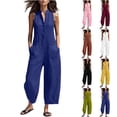 thumbnail image 1 of Cotton Jumpsuits for Women Round Neck Button Sleeveless Summer Rompers Casual Fashionable Solid Color Loose Wide Leg Jumpsuit with Pockets, 1 of 6
