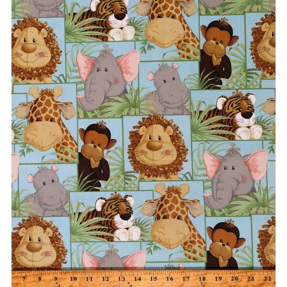 Fabric Tradtions, Jungle Babies Patch Safari Animals Giraffes Elephants Lions Monkeys Hippos, Multicolor Cotton Fabric Print by the Yard
