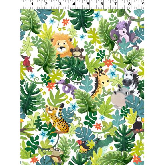 Cotton Jungle Friends Susybee Snakes Monkeys Lions Hippos Forests Clothworks Cotton Fabric Print by the Yard (SB20443-100)