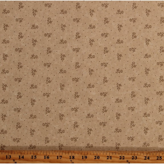 Cotton Kansas Troubles Blackbirds Nest Dots Patterned Flowers Floral Tan Cotton Fabric Print by the Yard (9751-21)