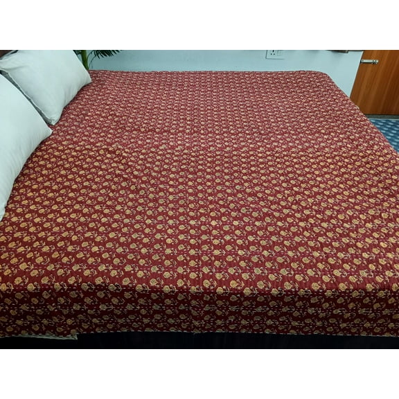 Cotton Kantha Quilt for Bed, Handmade Floral Stitch Design, Soft & Lightweight Blanket – Red, Twin Size