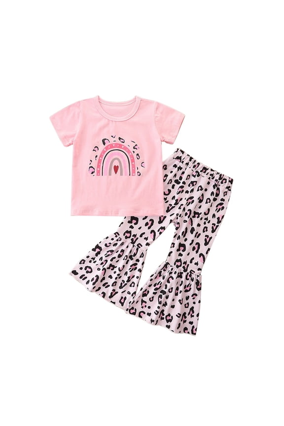 Cotton Kids Baby Girl Clothes Set Rainbow Print Short Sleeve T Shirt Long Flare Pants Summer Outfits 2pcs, Size 1 Years-6 Years