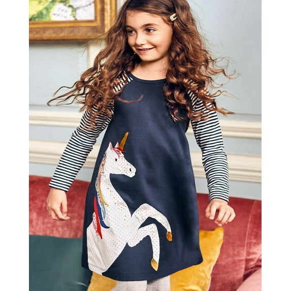 Cotton Kids Baby Girls Dress Unicorn Striped Dress Long Sleeve Party Dresses