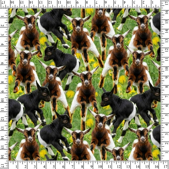 Cotton Kids Playing Allover Baby Goats Cute Animals Flower Field Pasture Spring David Textiles Green Cotton Fabric Print by the Yard (DX-4273-3C-1MULTI)