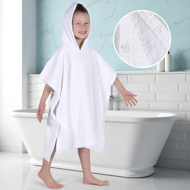 Superior Lyron Kids Cotton Terry Medium Weight Hooded Poncho Bath Towel, Large, White