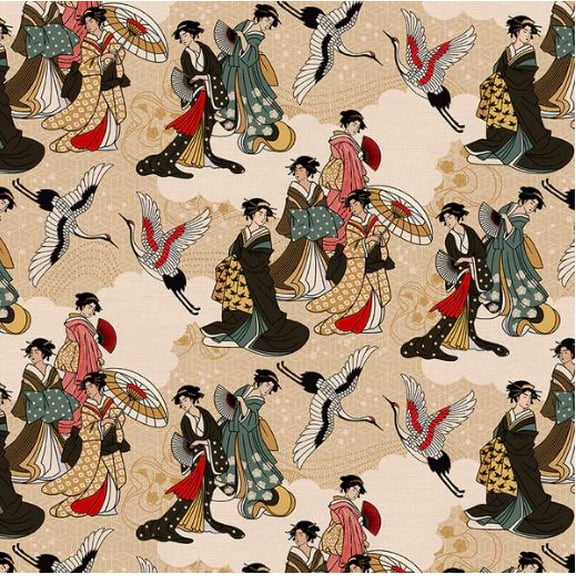 Cotton Kimonos & Koi Japanese Ladies Geishas Flying Cranes Paintbrush Studio Cream Cotton Fabric Print by the Yard (12024327)