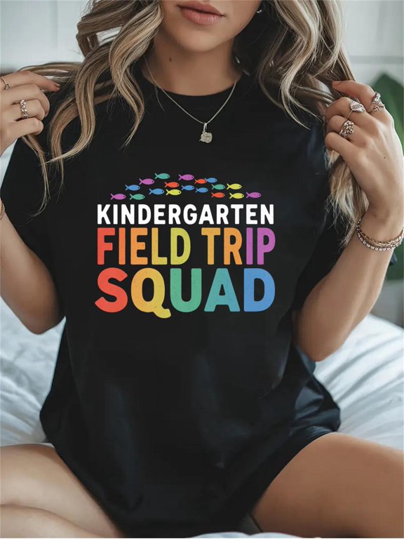 Cotton Kindergarten Field Trip Squad Colorful Art Premium Casual Graphic Tee Lightweight Daily Wear T-Shirt