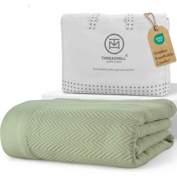 Cotton King Size Herringbone Thermal Blanket 106 x 92 Inches Sage Green