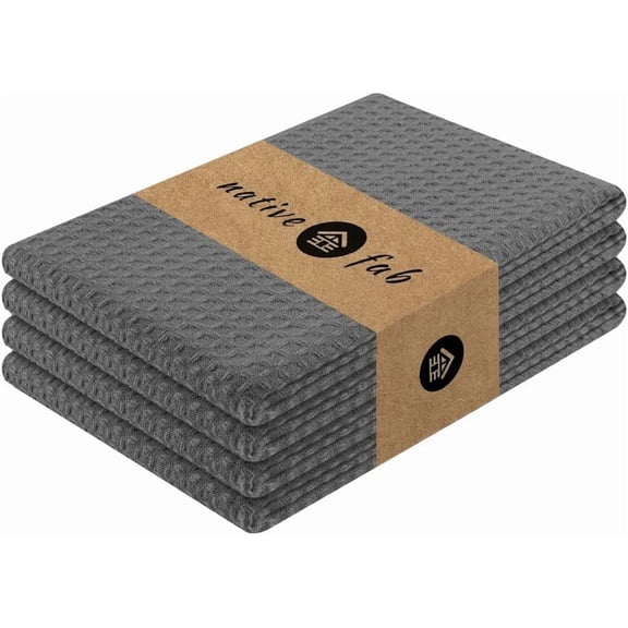 Cotton Kitchen Towel with Hanging Loop 16x26 inches, 4-Pack, Waffle Weave Kitchen Towels for Cleaning Drying, Washcloths Soft & Absorbent Cloth Rags, Bar Towel, Dish Cloth, Grey