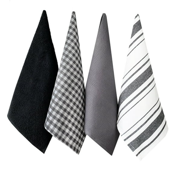 Cotton Kitchen Towels with Hanging Loop, Waffle Flat Terry Hand Towels Set of 4, Absorbent & Fast Dry Dishtowels 25x16 Stripe Plaid Multicolor Black White Gray Mixed Pack
