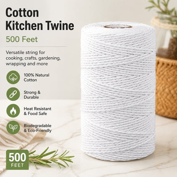 Cotton Kitchen Twine String 500 Feet, Butcher Cooking String for Crafts, Roasting, Gift Wrapping, DIY Decoration, Gardening, Packaging Materials, White