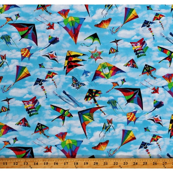 Cotton Kites Flying in the Sky Clouds Airplanes Butterflies In Motion Blue Cotton Fabric Print by the Yard (666BLUE)