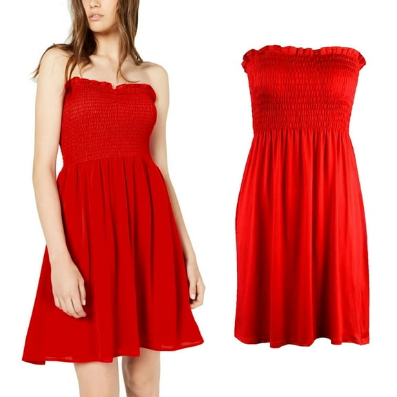 Cotton Knee-Length Dresses for Women Red Leisure Weekend Women's Cover Up Beach Strapless Mini Dress Skirt Summer M