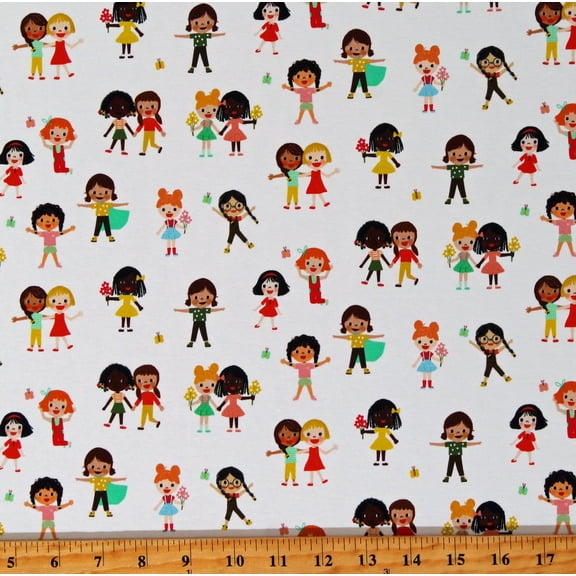 Cotton Knit Robert Kaufman Bright Days Ann Kelle Designs Happy Children Playing With Flowers Fun Whimsical White Fabric by the Yard (AAKDKX-20598-205)