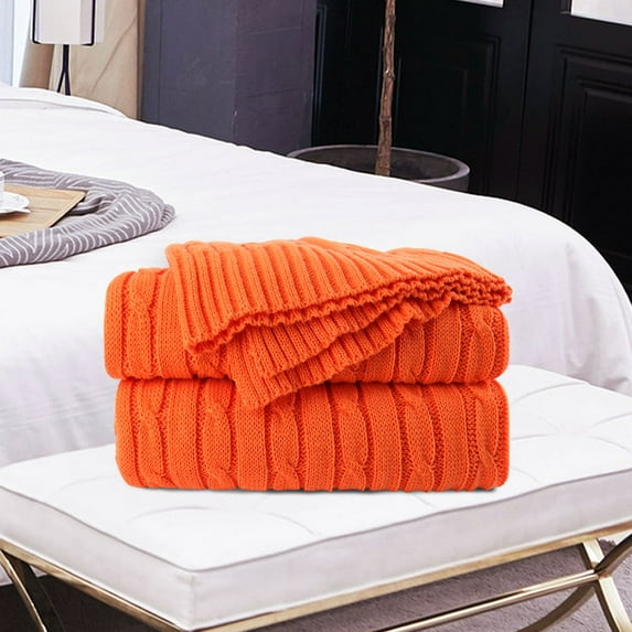 Cotton Knitted Throw Blanket Soft Warm Cable Knit Blanket , Orange